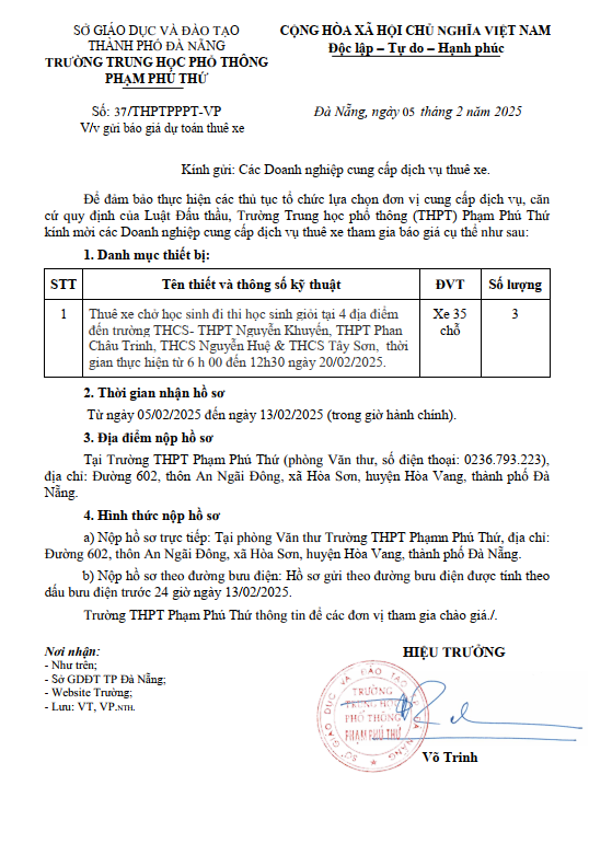 Thư mời các Doanh nghiệp cung cấp dịch vụ thuê xe tham gia báo giá